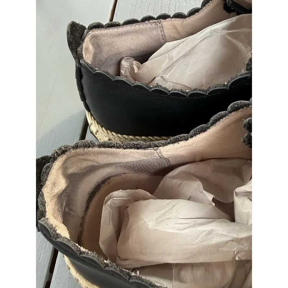 Kate Spade Lena Black Leather Scalloped Espadrille Sneakers Women Size 8M